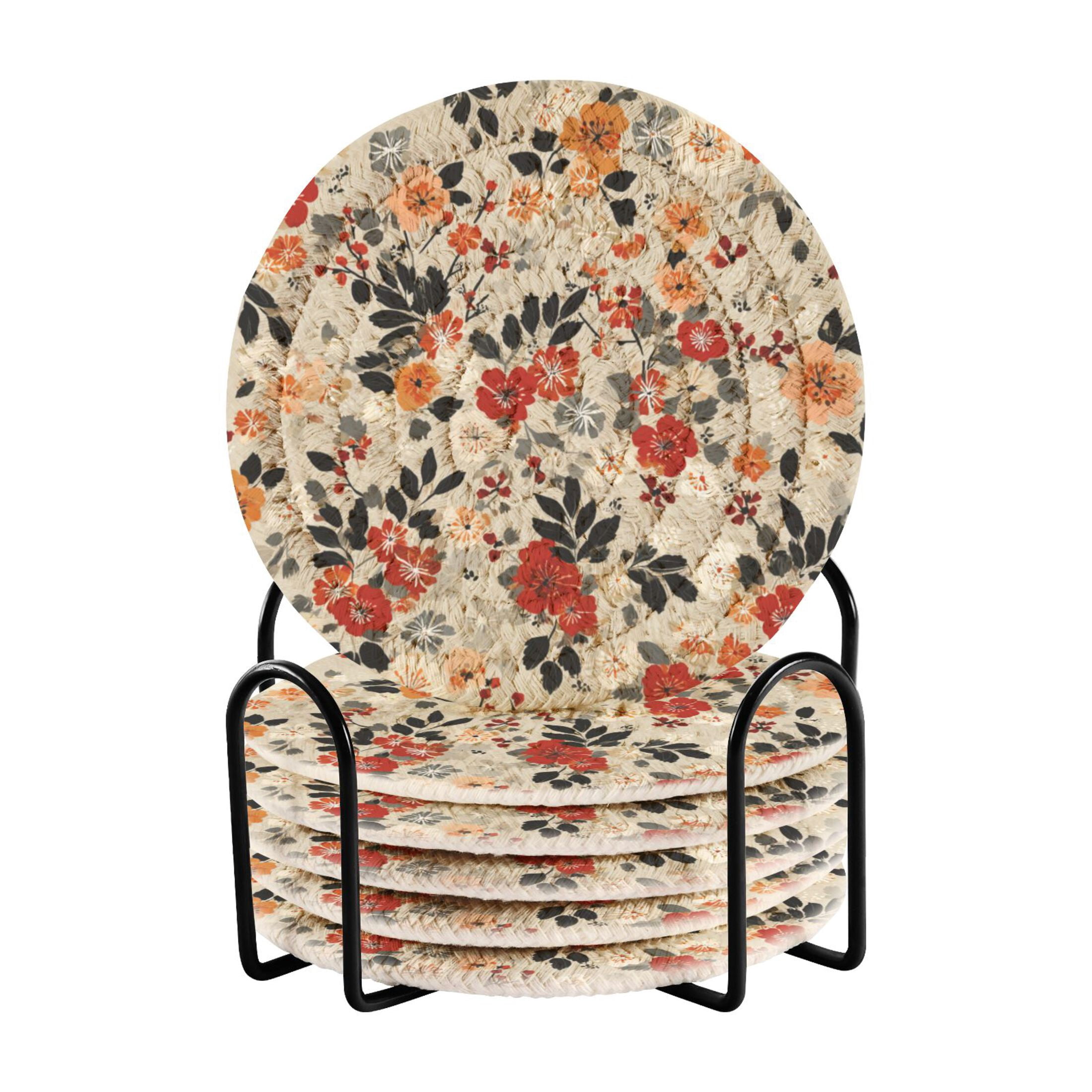 6 Pcs Woven Drink Coasters Set with Metal Stand, Moss-leaved Flower 4 ...