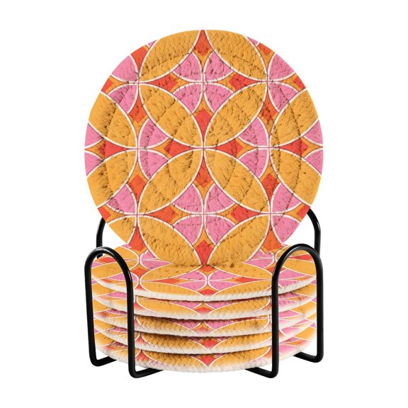 6 Pcs Woven Drink Coasters Set with Metal Stand, Orange Alien Form 4 Inch Tabletop Protection Coaster for Cups and Wooden Table, Home Decor