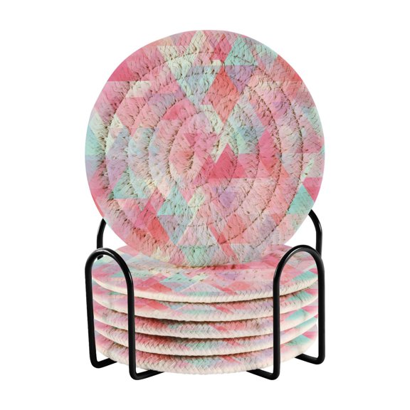 6 Pcs Woven Drink Coasters Set with Metal Stand, Pink Herringbone Pattern 4 Inch Tabletop Protection Coaster for Cups and Wooden Table, Home Decor