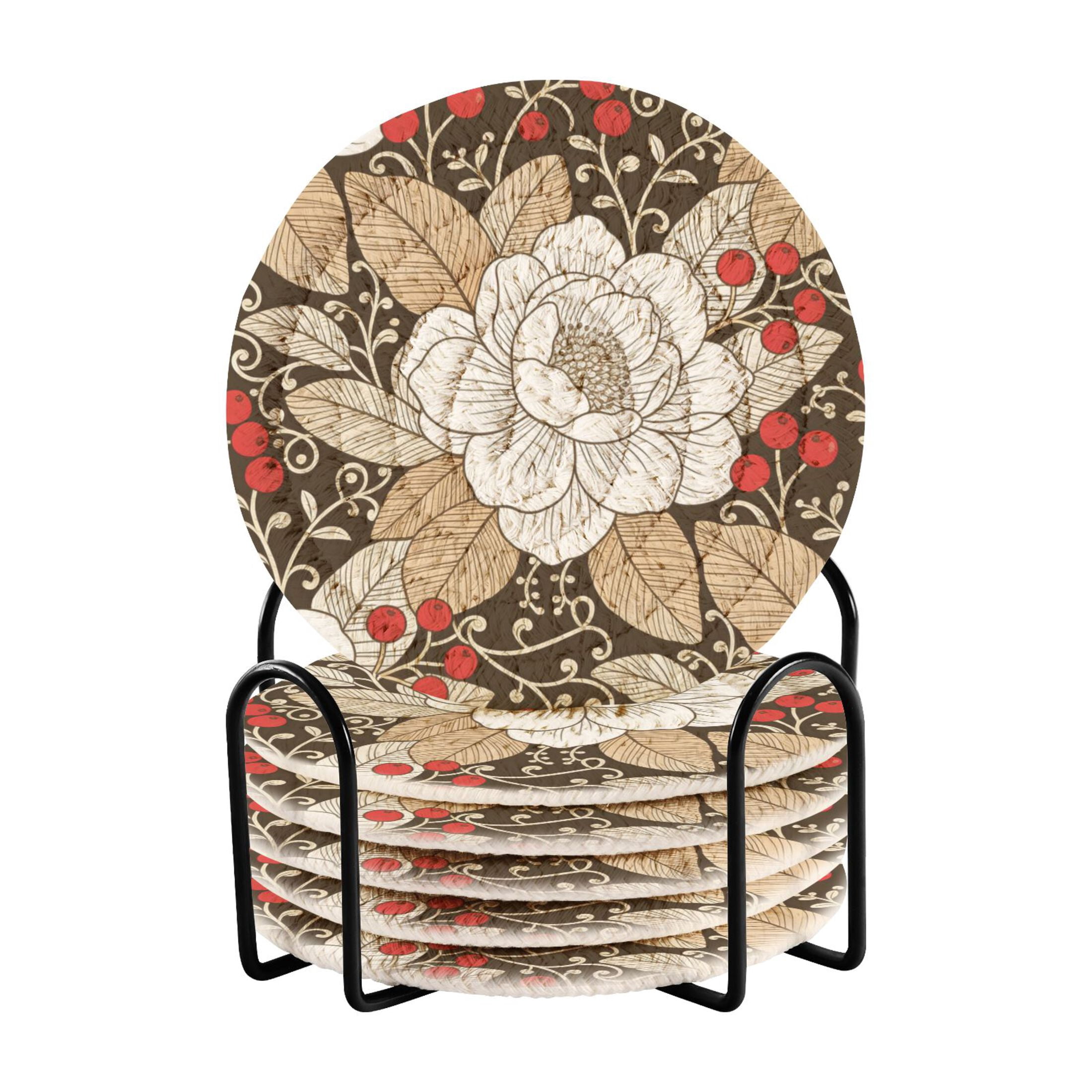 6 Pcs Woven Drink Coasters Set with Metal Stand, Pintura De Flores E ...