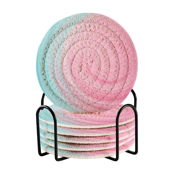 6 Pcs Woven Drink Coasters Set with Metal Stand, Powder Vortex 4 Inch Tabletop Protection Coaster for Cups and Wooden Table, Home Decor