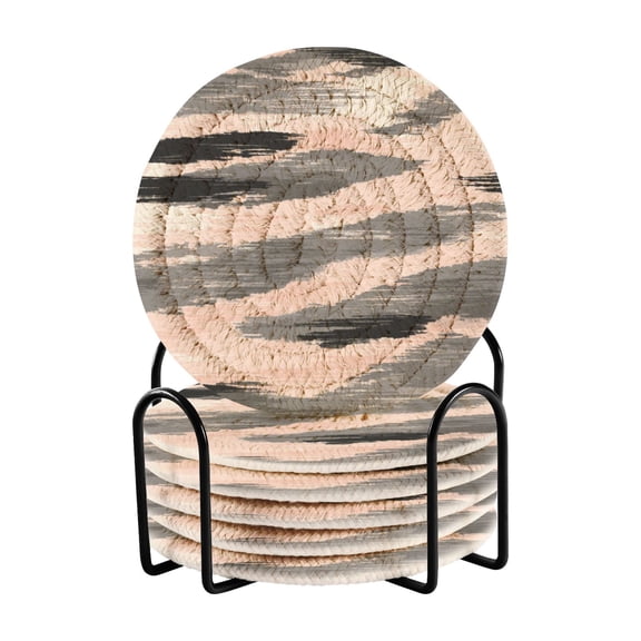 6 Pcs Woven Drink Coasters Set with Metal Stand, Powdered Cloud Pattern 4 Inch Tabletop Protection Coaster for Cups and Wooden Table, Home Decor