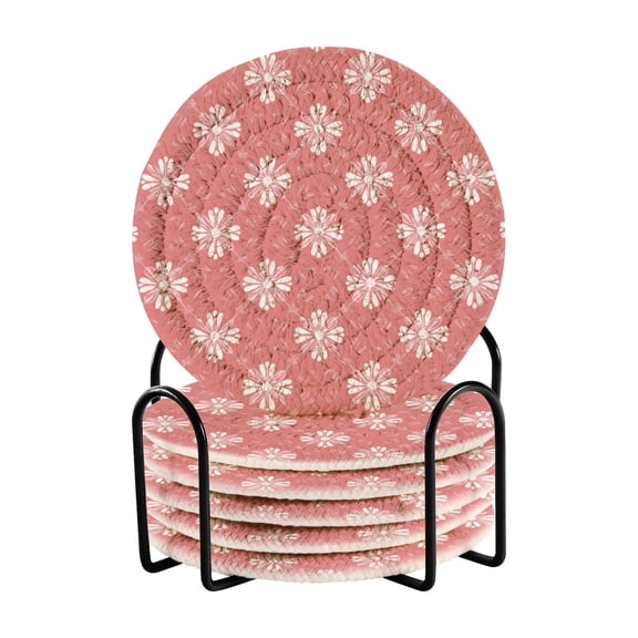 6 Pcs Woven Drink Coasters Set with Metal Stand, Powdered Daisy 4 Inch Tabletop Protection Coaster for Cups and Wooden Table, Home Decor