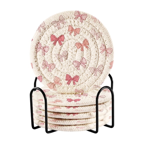 6 Pcs Woven Drink Coasters Set with Metal Stand, Powdered Ribbon Bow 4 Inch Tabletop Protection Coaster for Cups and Wooden Table, Home Decor
