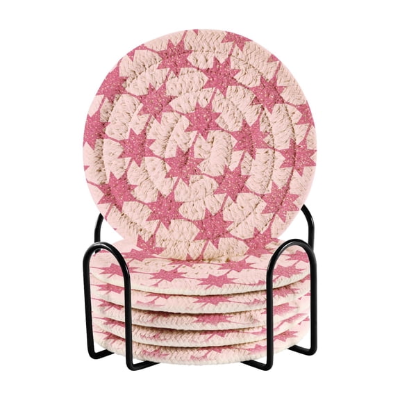6 Pcs Woven Drink Coasters Set with Metal Stand, Sparkle Powder 4 Inch Tabletop Protection Coaster for Cups and Wooden Table, Home Decor