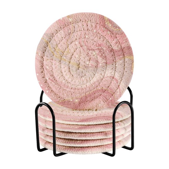 6 Pcs Woven Drink Coasters Set with Metal Stand, Star Powder 4 Inch Tabletop Protection Coaster for Cups and Wooden Table, Home Decor
