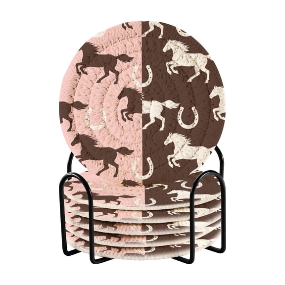 6 Pcs Woven Drink Coasters Set with Metal Stand, Starry Base Powder 4 Inch Tabletop Protection Coaster for Cups and Wooden Table, Home Decor