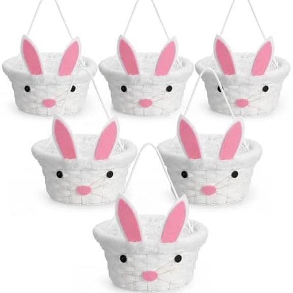 6 Pcs Woven Easter Bamboo Basket with Rope Handles Wicker Easter Basket with Raffia Paper Filler Cute Rabbit Picnic Hamper for Egg Hunt Party Gifts (White)