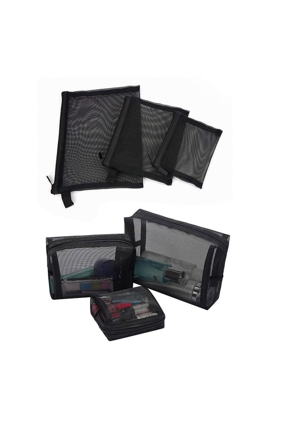 6 Pcs Zipper Mesh Bags, Pack Of 3 (S/M/L), Beauty Makeup Cosmetic Accessories Organizer, Travel Toiletry Kit Set Storage Pouch, Black