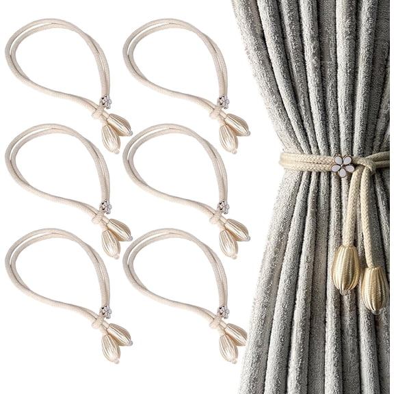 6 Pcs of 19 Inch Curtain Tie Magnetic Adjustable Curtain Holdback Decorative Flower Tiebacks For Home Office Window (Beige)