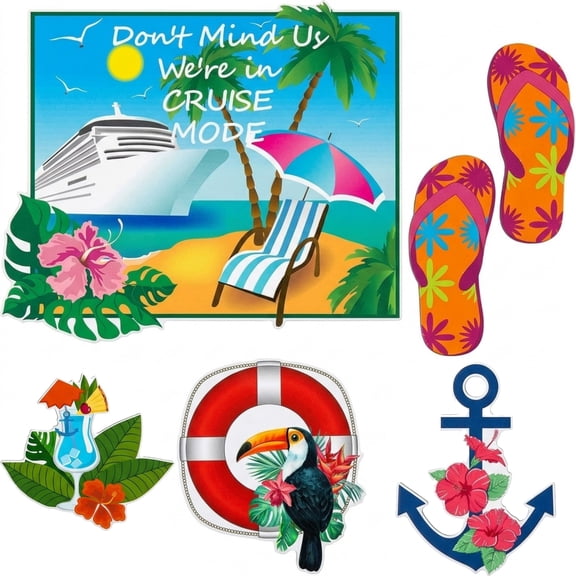 6 Pcs tropical cruise door decoions, large magnetic ship decor, anchor cruise magnets for carnival stateroom door, car fridge decal, Hawaiian themed party supplies, cruise cabin decor, multicolor