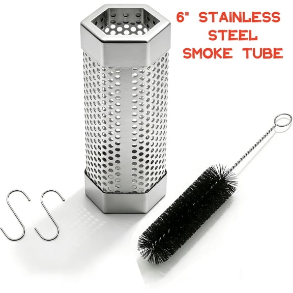 6" Pellet Grill Smoke Tube, Stainless Steel BBQ Smoker Tube with Cleaning Brush, Hexagon Pellet Grill Accessories for Gas, Charcoal & Electric Grills