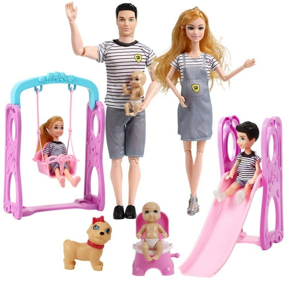 6 People Family Dolls Set with Pregnant Mom Dad 3 Kids Baby Boy in Mommy's Tummy, Toddler Kids Toy Gift Dolls of Happy Family Doll Members Parents & Children with Slide Dog