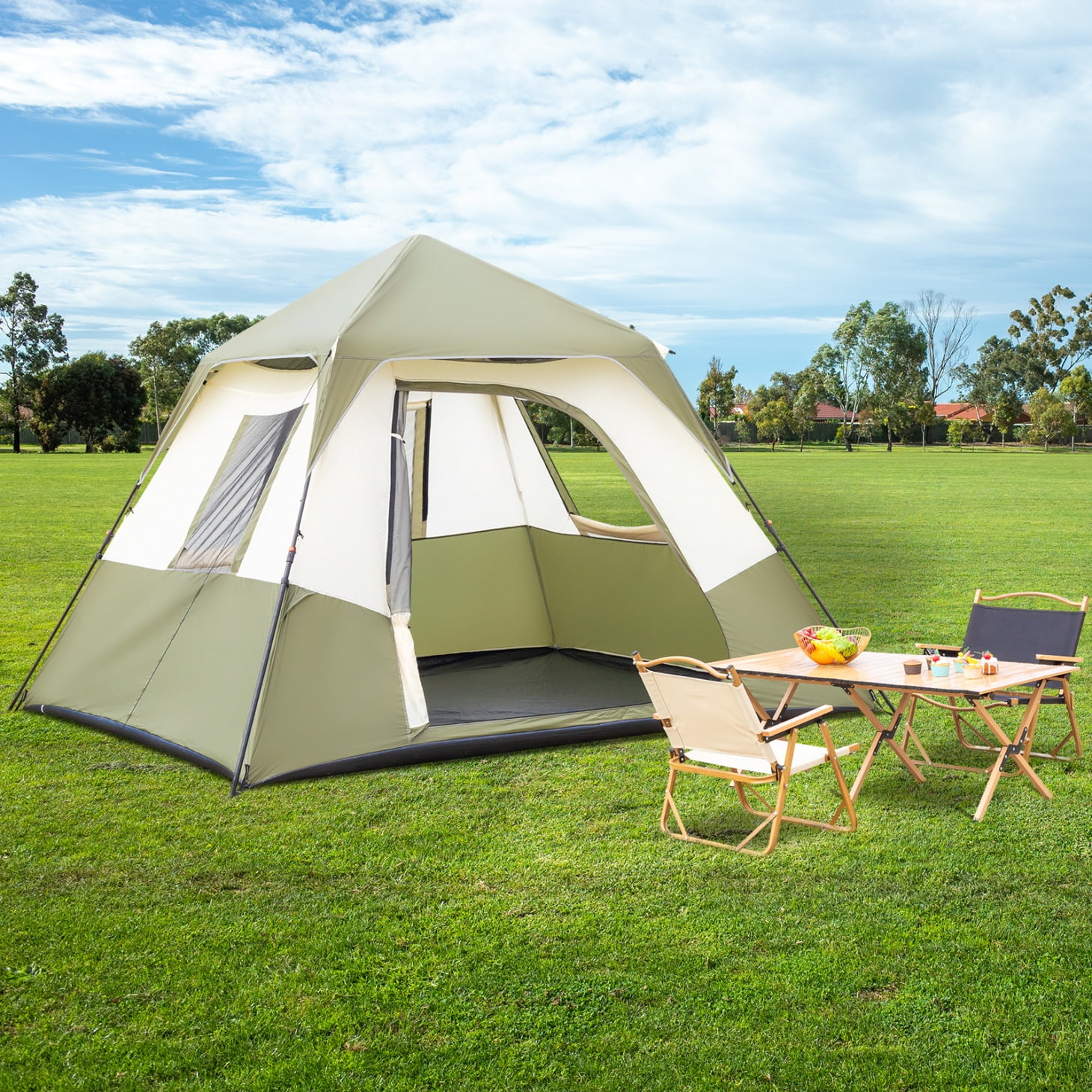 6 Person Camping Tent Setup in 60 Seconds with Rainfly Instant Cabin Tent for Family Camping Hiking Upgraded Ventilation Army Green White