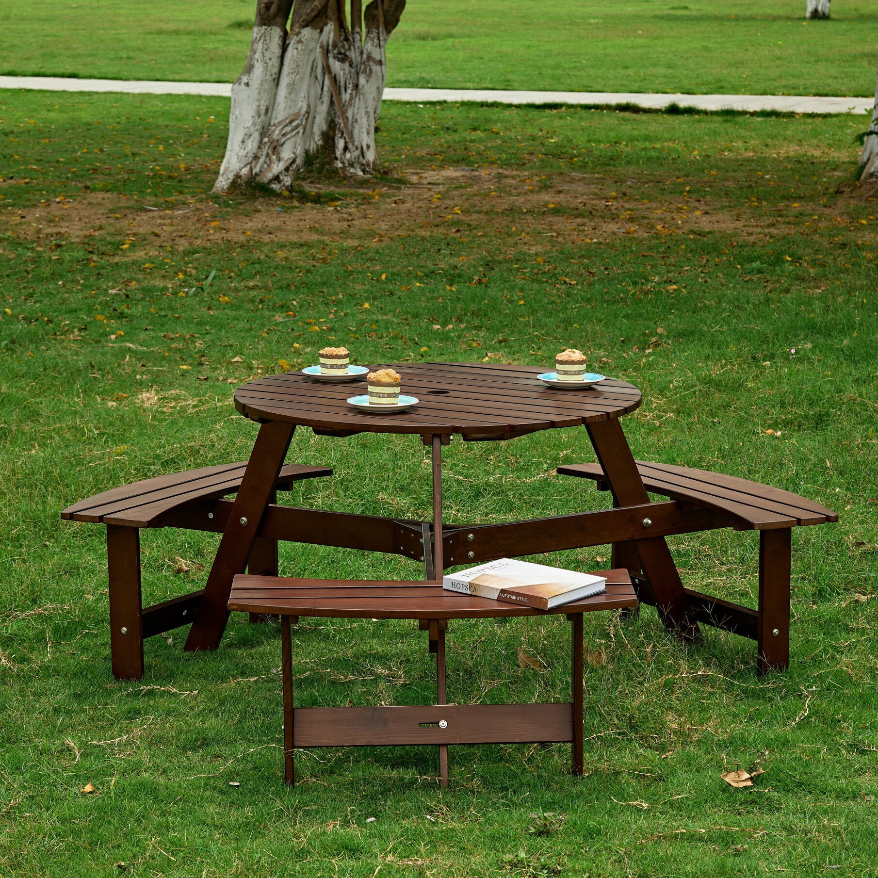 6-Person Circular Outdoor Wooden Picnic Table with 3 Built in Benches ...