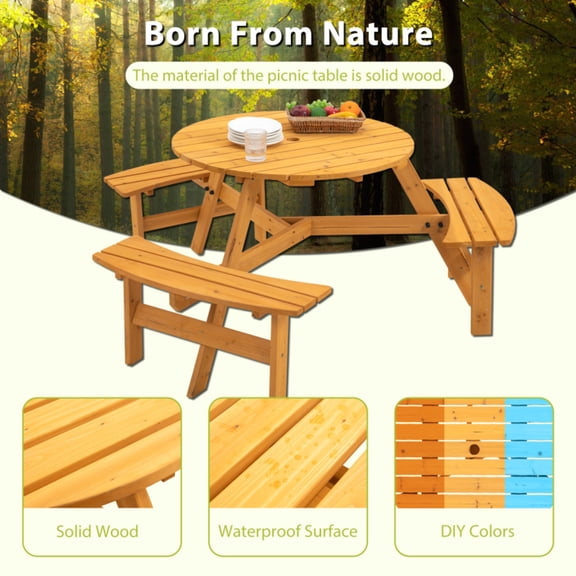 6 Person Circular Outdoor Wooden Picnic Table For Patio Or Backyard Or Garden DIY W 3 Built In Benches 1720lb Capacity Natural