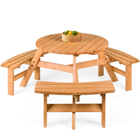 6-Person Circular Outdoor Wooden Picnic Table With 3 Built-In Benches In Natural Finish