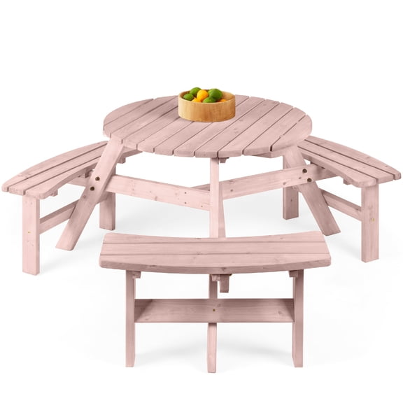 6-Person Circular Outdoor Wooden Picnic Table With 3 Built-In Benches In Rose Quartz
