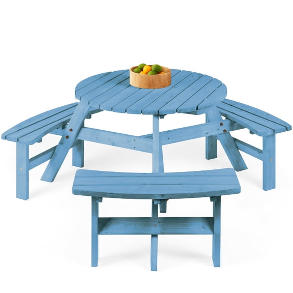 6-Person Circular Outdoor Wooden Picnic Table With 3 Built-In Benches In Seaside Breeze