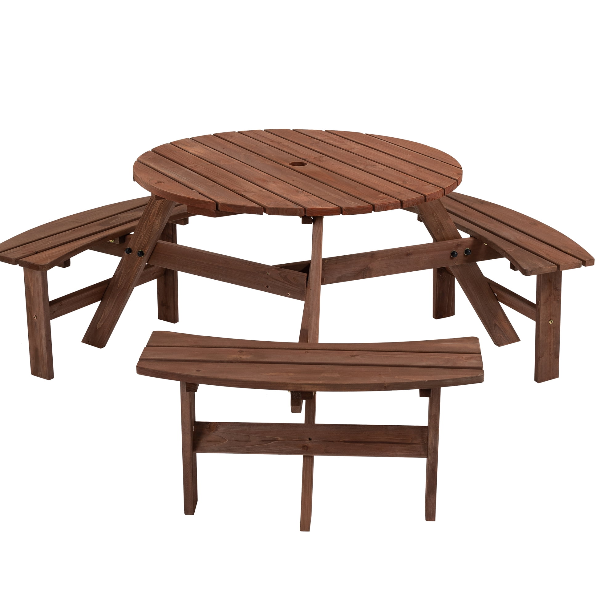 6-Person Circular Outdoor Wooden Picnic Table w/ 3 Built-in Benches for Patio,Backyard,Garden-Brown