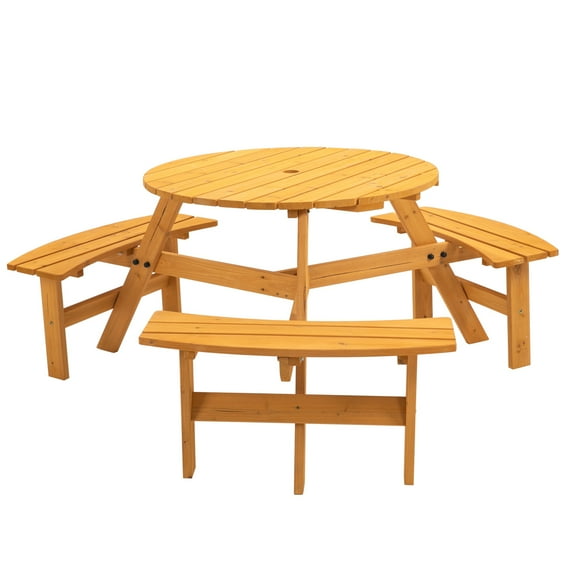 6-Person Circular Outdoor Wooden Picnic Table for Patio, Backyard, Garden, DIY w/ 3 Built-in Benches, 500lb Capacity - Natural