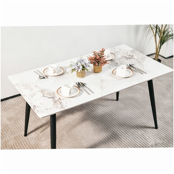 6 Person Dining Table Modern Style, White Quartz Slab Top with Black Tapered Legs, Easy Assembly Indoor Outdoor Kitchen Table