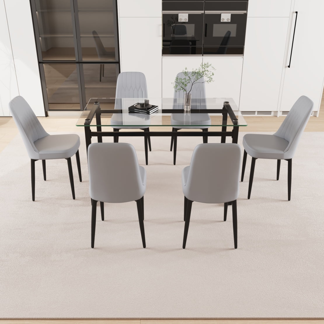 6-Person Dining Table Set with Black Metal Legs & Tempered Glass Tabletop, Modern Kitchen Set ...