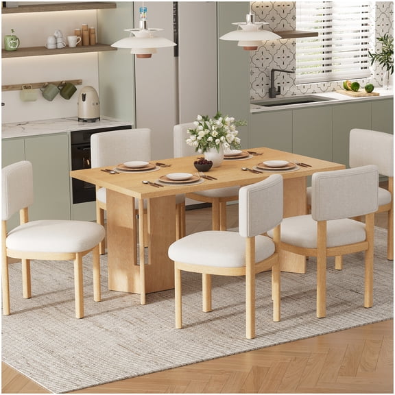 6-Person Dining Table Set, Farmhouse Style with Upholstered Seats, 60" Rectangular Table with Cutout Details, Natural Wood Tone
