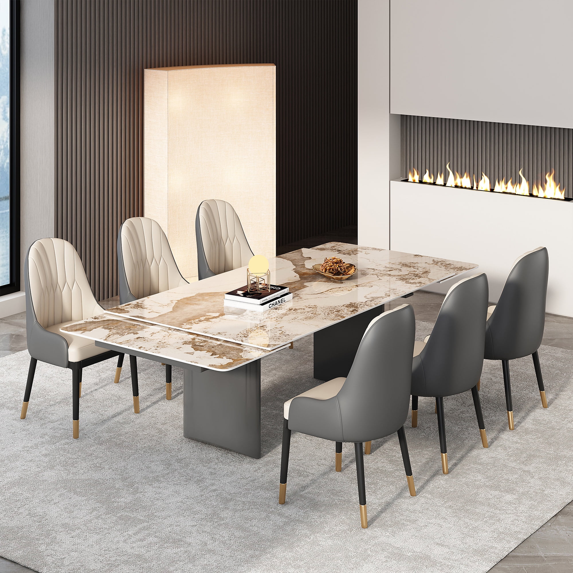 WISFOR Rectangular Slate Dining Table – Sintered Stone Top, Metal Base, Seats 4-6 People (47.2"x27.5")