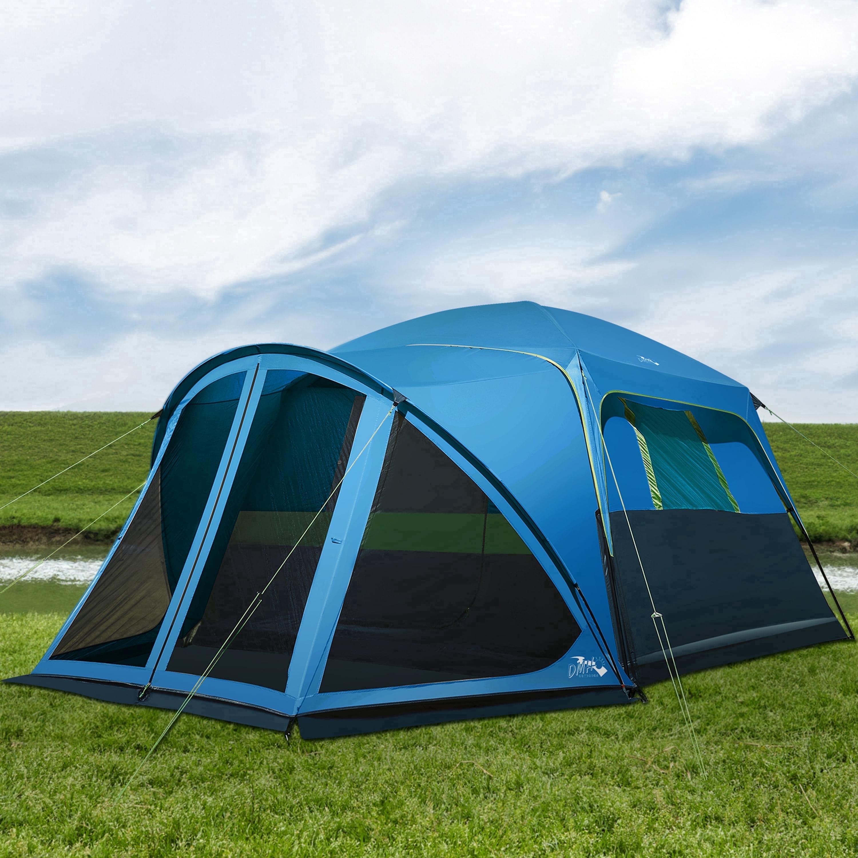 DMH OUTDOORS 6 Person Family Cabin Tent with Screen Porch Camping Tent for Outdoor Camping Backyard Blue