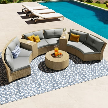 6 - Person Fan-shaped Rattan Suit Combination Outdoor Patio Furniture Set Outdoor Rattan Sofa Set Manual Wicker Patio Conversation Set with Cushions and Table for Yard Deck(Grey)