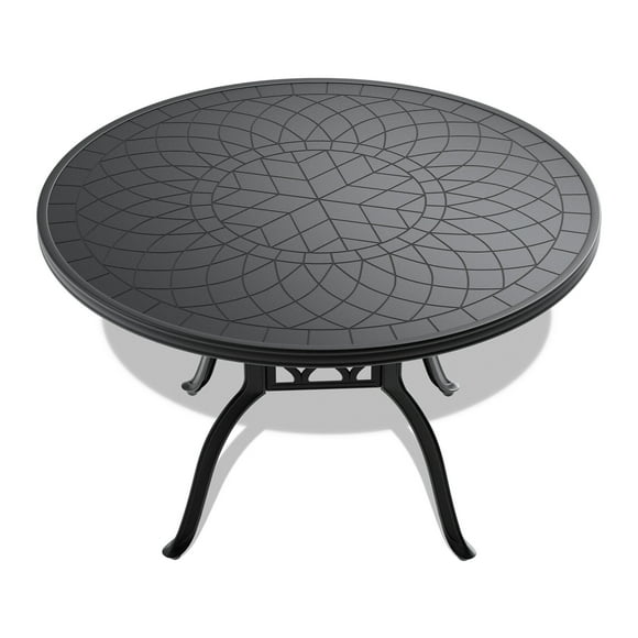 6-Person Indoor Outdoor Cast Aluminum Dining Table,Round Kitchen Table With Black Frame and Carved Texture on the Tabletop,Patio Dining Room Table for Garden&Kitchen,Black