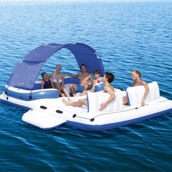 6 Person Inflatable Party Island Water Float Lounger with 6 Cup Holders, Backrests, and Detachable Sun Shade