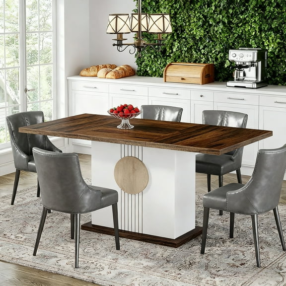 6-Person Modern Rectangle Dining Table Set, 55" Wooden Kitchen Table With Heavy Duty Base, Modern Furniture For Home, Dining Room (Brown & White)