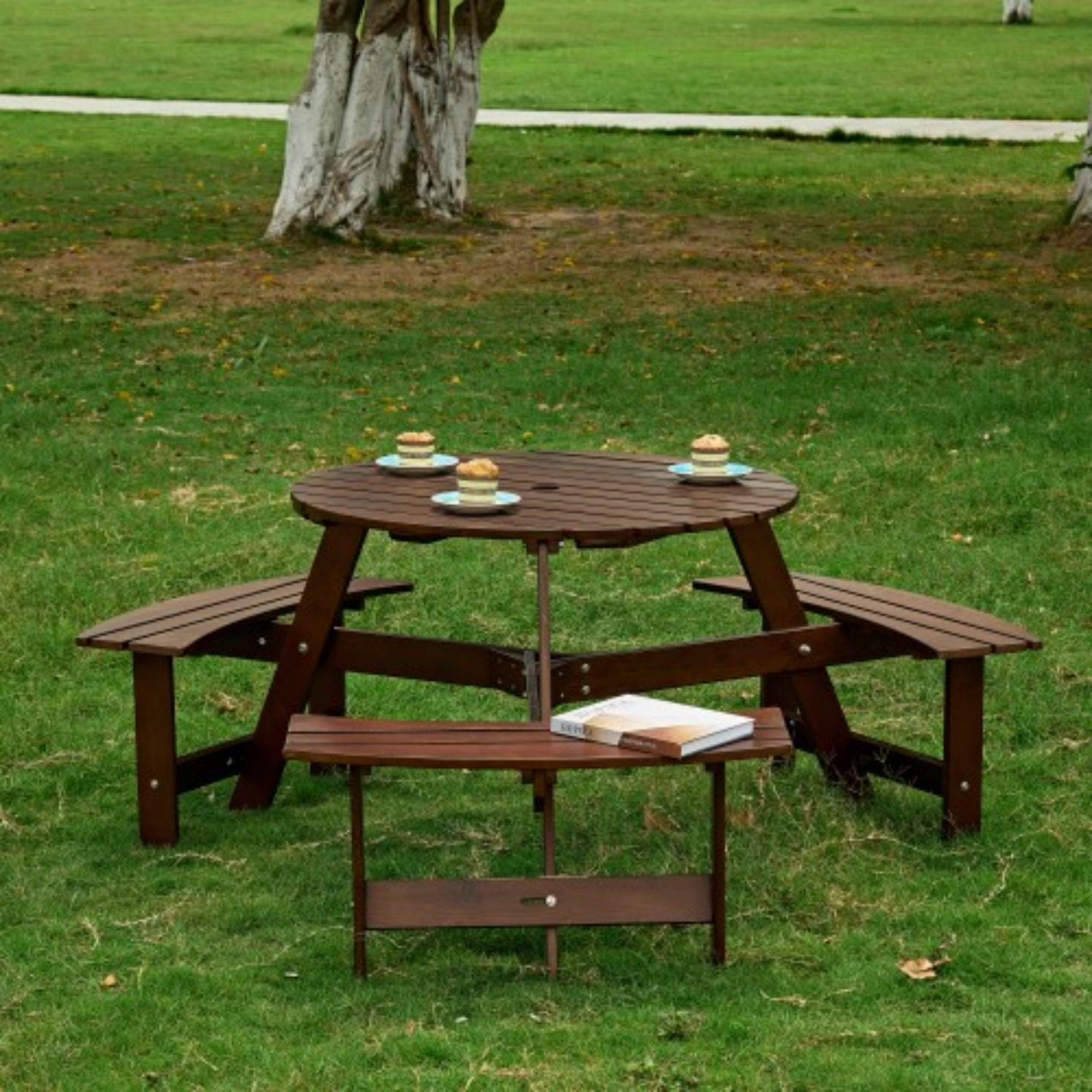 6-Person Circular Outdoor Wooden Picnic Table