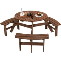 6-Person Outdoor Circular Wooden Picnic Table with 3 Built-in Benches Camping Dining Table for Garden Patio Backyard,Brown