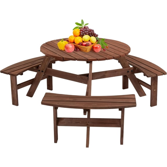 6 Person Outdoor Picnic Table, Wooden Picnic Tables with 3 Built-in Benches Table and Chairs Set with Umbrella Hole Outside Table and  Round Picnic Table Patio Tables for Garden, Backyard, Porch