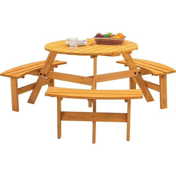 6-Person Outdoor Round Wooden Picnic Table with 3 Built-in Benches, Outdoor Dining Set with Umbrella Holes, 1720 lb. Weight Capacity for Garden, Lawn, Patio (Natural, 66.92"*66.92"*27.55")