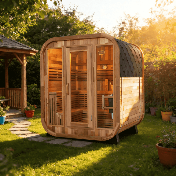 Sansheng 6 Person Patchwork Red Cedar Outdoor Square Sauna with Large Glass Doors and 9000 watts Heater