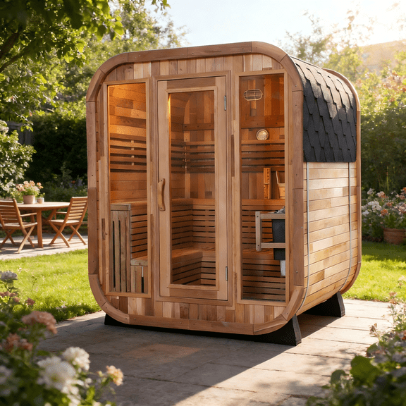 Sansheng 6 Person Patchwork Red Cedar Outdoor Square Sauna with Large Glass Doors and 9000 watts Heater