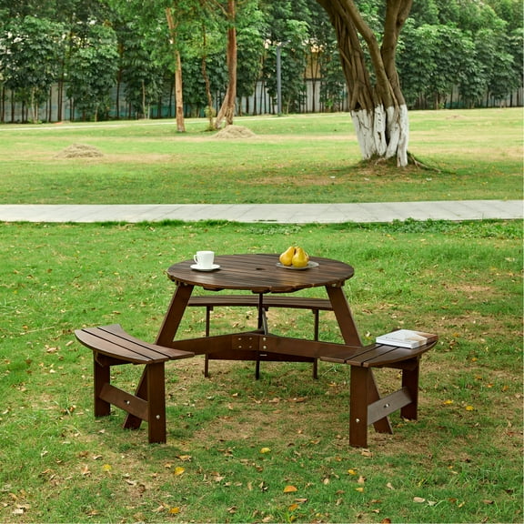 6 Person Picnic Table For Garden - 3 Benches Umbrella Hole Wood Brown Finish Outdoor Benches, Hole, , Waterproof Porch