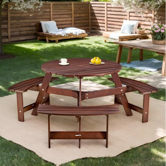 6 Person Picnic Table, Outdoor Round Dining Table with 3 -in Benches, Umbrella Hole, Outside Patio Backyard Table and Bench Set, 500lbs Capacity Per Bench(Brown)