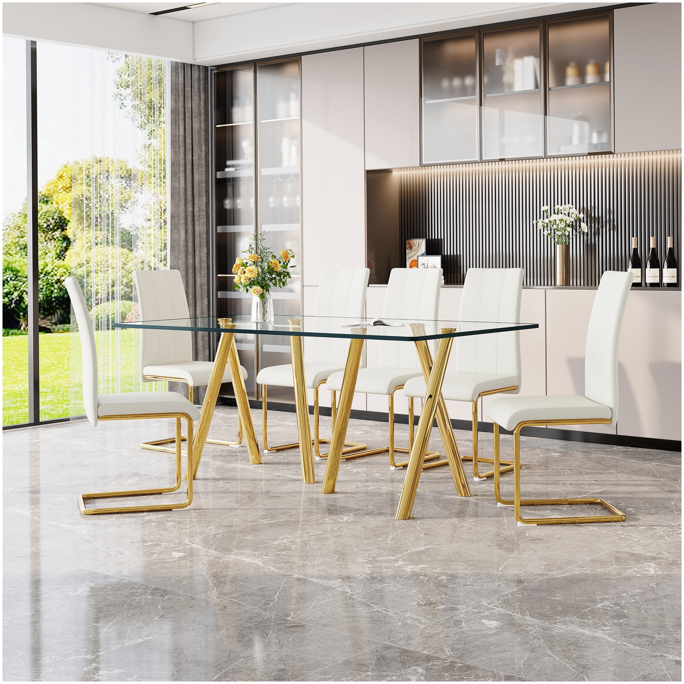 6-Person Rectangular Dining Set, Glass Table and White Chairs with Gold ...