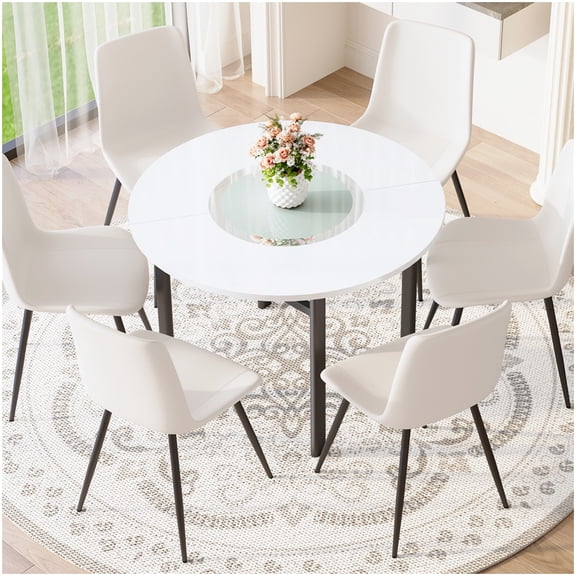6-Person Round Dining Table Set, White Modern Table with Tempered Glass and Curved PU Chairs, Includes Storage Shelf