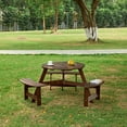 thumbnail image 1 of 6 Person Round Outdoor Picnic Table with 3 Built-in Benches, Umbrella Hole, Outside Wood Table and Bench Set for Patio, Backyard, Porch, Garden, 500lb Capacity - Walnut Brown, 1 of 7