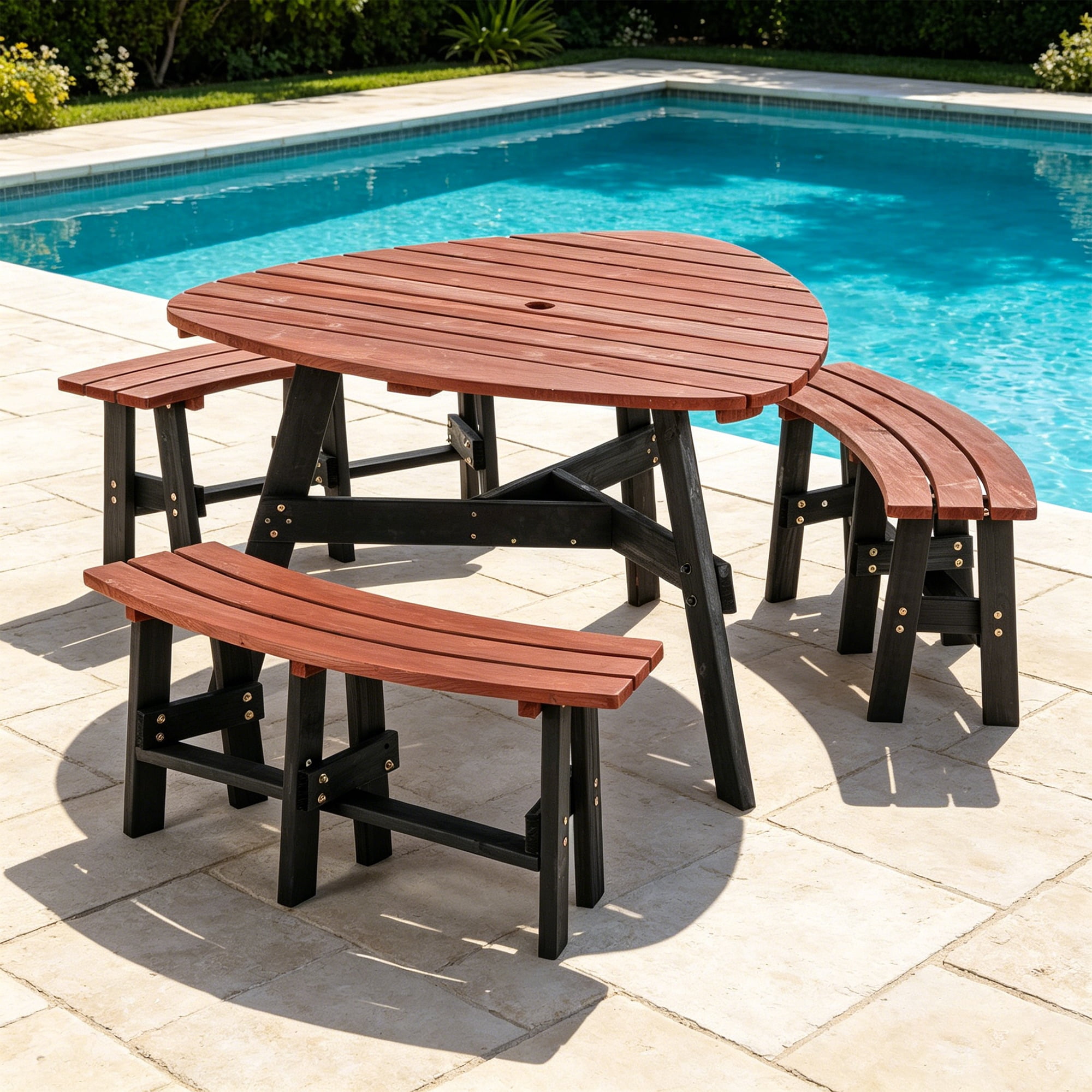 6-Person Semi-Circular Outdoor Picnic Table with Built-In Benches and Umbrella Hole, Solid Fir Wood Dining Set, Brown and Black