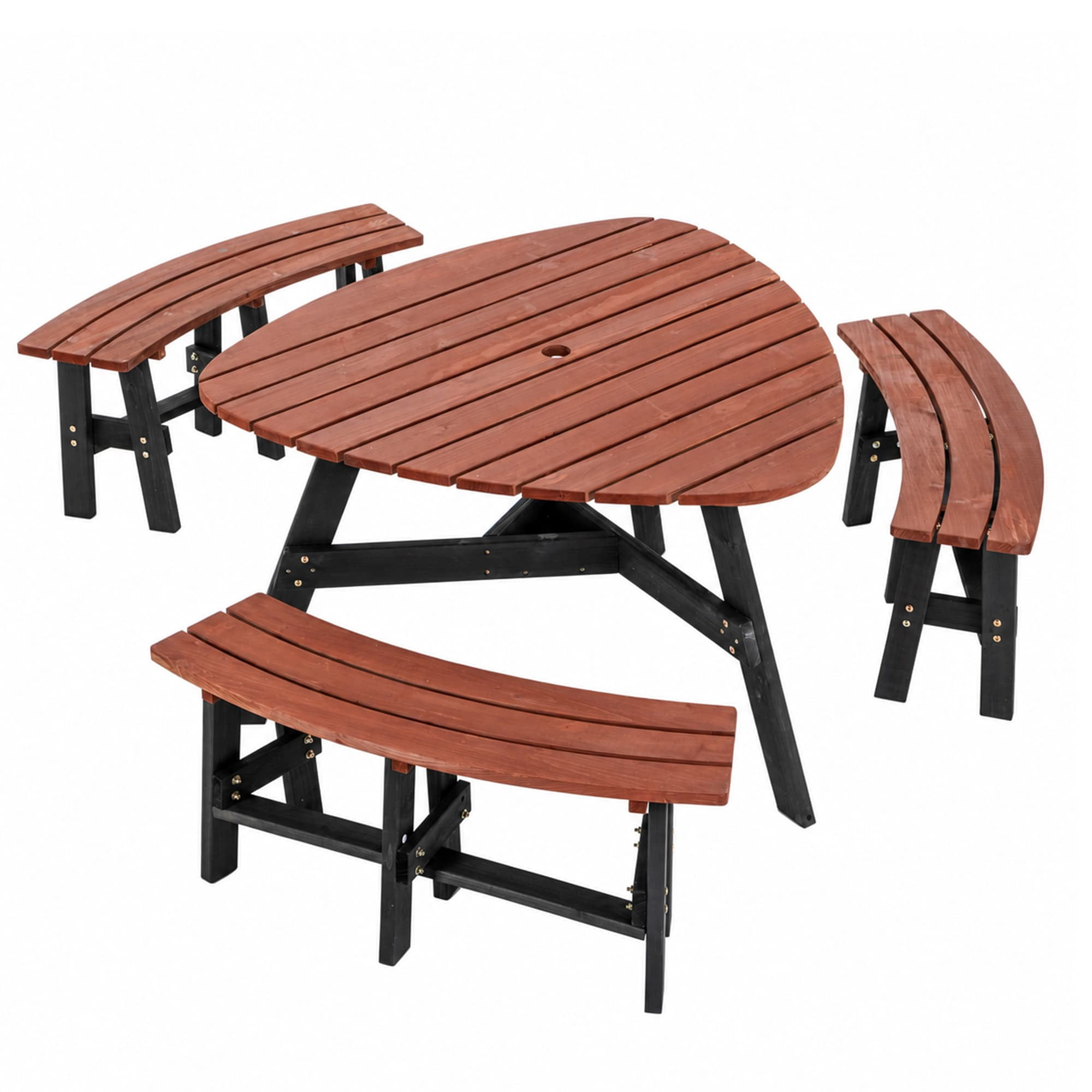 6-Person Semi-Circular Solid Fir Wood Picnic Table Set, Rustic Brown Tabletop with Black Legs, Outdoor Patio Dining Table with 3 Built-In Benches & Central Umbrella Hole for Backyard Garden
