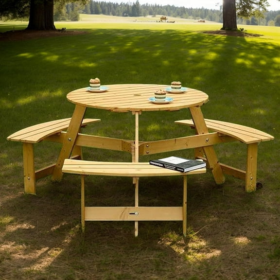 6 Person Wood Picnic Table, Outdoor Round Picnic Table with 3 Built-in Benches, Umbrella Hole, Outside Table and  Set for Patio, Backyard, 500lbs Capacity Per  (Nature, 6 Person)