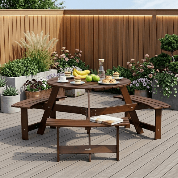 6 Person Wood Picnic Table, Outdoor Round Picnic Table with 4 Built-in Benches, Umbrella Hole, Outside Table and Bench Set for Patio, Backyard, 500lbs Capacity Per Bench