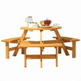thumbnail image 1 of 6 Person Wooden Picnic Table, Outdoor Round Picnic Table with Umbrella Hole and 3 Built-In Benches, Outside Picnic Table And Bench Set for Garden, Backyard, Patio, 500lbs Capacity Per Bench (Natural), 1 of 9